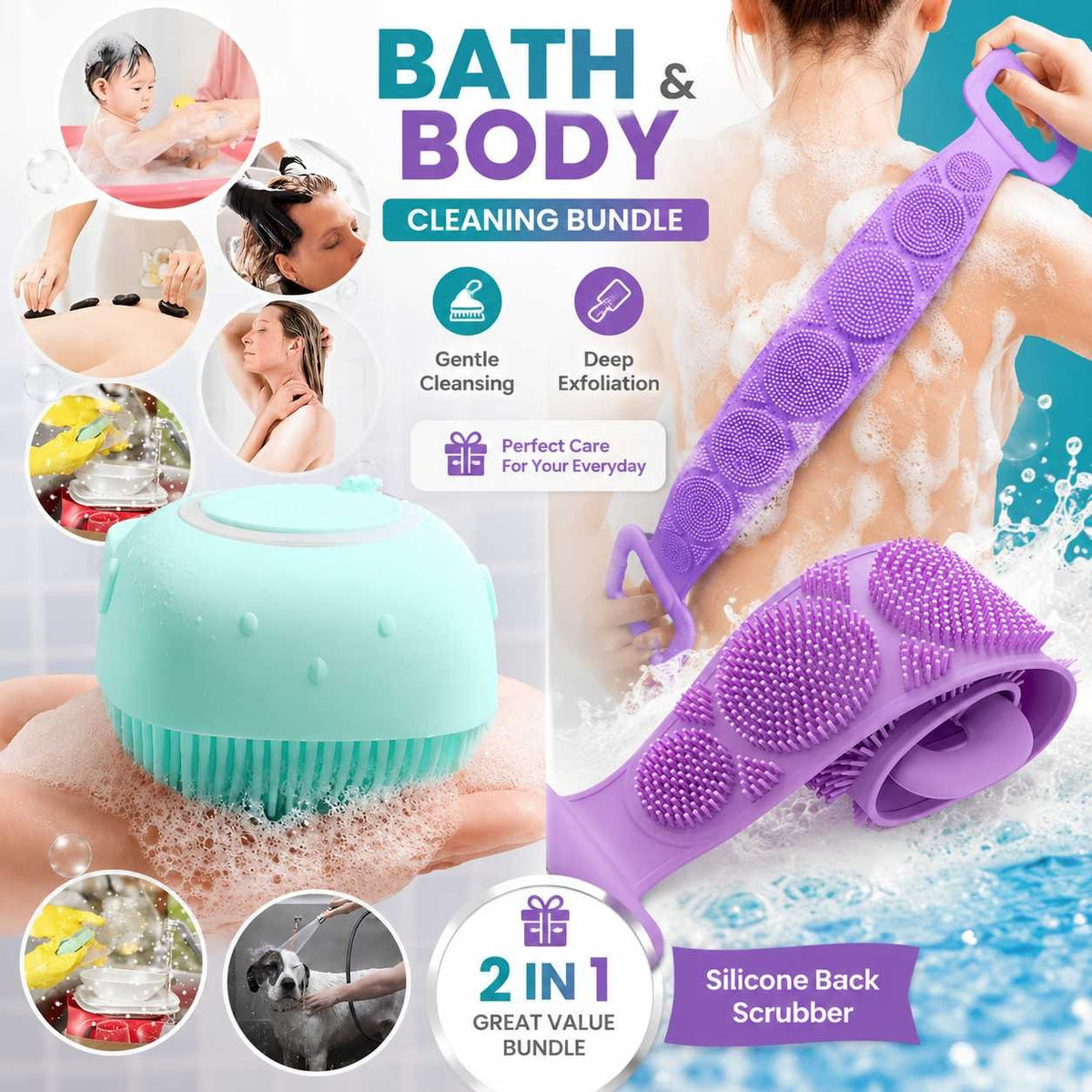 2-in-1 Silicone Bath & Back Scrubber Combo