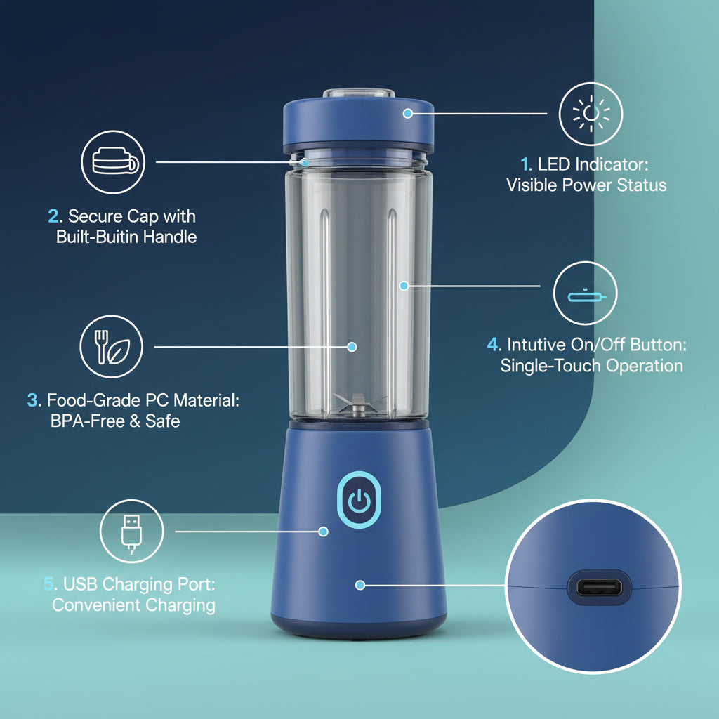 Mini Portable USB Rechargeable Juicer Blender - 6 Blades Lightweight Portable Juicer