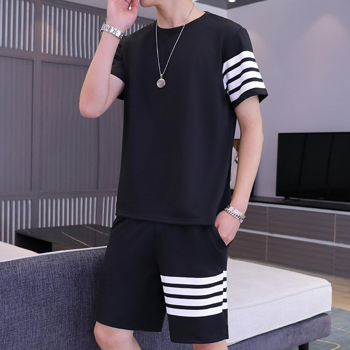 Men's Trendy Line Printed Tracksuit (T-Shirt & Shorts)